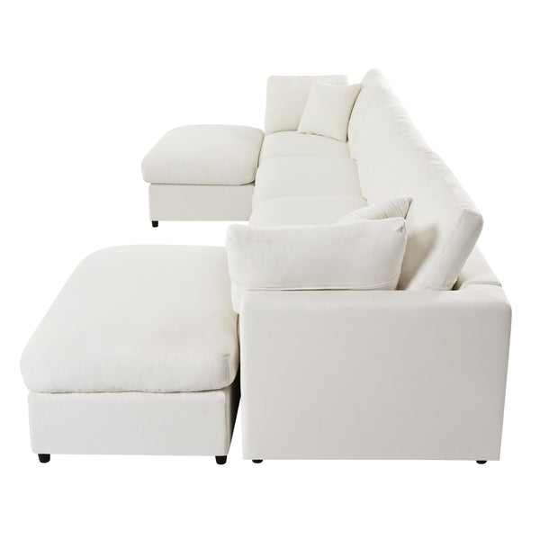 English Elm U_style Six Seat Chenille U Shaped Sectional Modular Sofa with Movable Ottomans Beige WY000474AAA