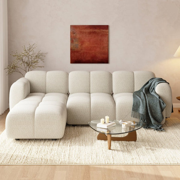 English Elm Beige Boucle L-shaped Sectional with Sculptural Cushion Blocks and Movable Ottoman Beige N758T404142A