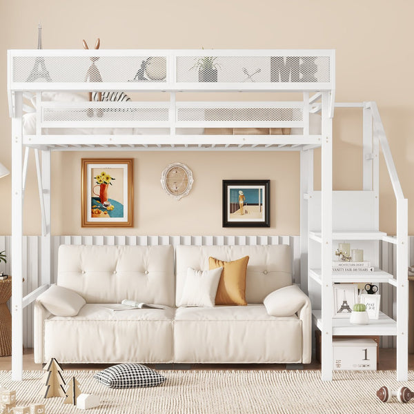 English Elm Twin Twin Size Loft Bed with Stairs and Built-In Shelves, Metal High Loft with Wardrobe for Kids Teens White W2580S00036