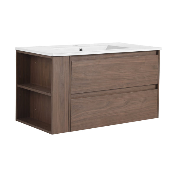 English Elm 36" Wall Mount Bathroom Vanity With High-Quality Ceramic Sink & Soft-Close Drawers For Storage W999S00143