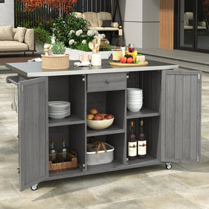 English Elm Outdoor Kitchen Island Solid Fir Wood with Foldable Stainless Top, Ample Storage, Wheels, Opener Grey N719P246553R