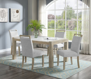 English Elm 5pc White Marble Dining Set with Upholstered Beige Chairs, Nailhead Trim, Rectangular 66" Table B011S01002