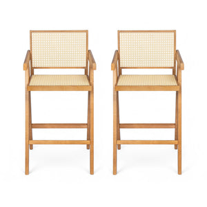 English Elm Christopher Knight Home® - 27'', Modern minimalist bar stool set of 2 with cane PE rattan seats, solid rubberwood frame, durable craft finish Natural N780P237929N