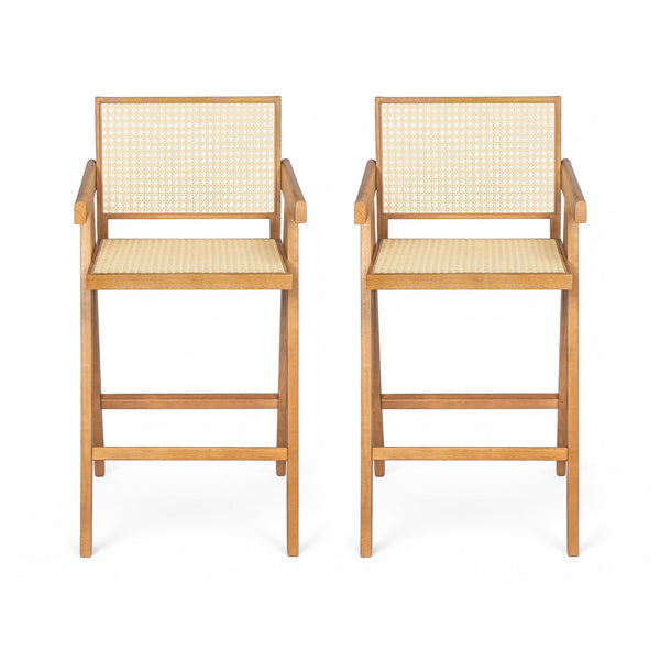 English Elm Christopher Knight Home® - 27'', Modern minimalist bar stool set of 2 with cane PE rattan seats, solid rubberwood frame, durable craft finish Natural N780P237929N