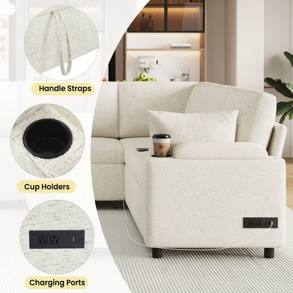 English Elm 109.9" Sectional Sofa Bed U-Shaped Pull-Out Sleeper with Storage Chaise, Cup Holders, USB Ports & Chenille Comfort Beige N719S001910A