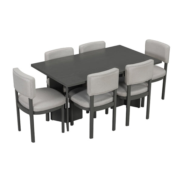 English Elm Trexm Farmhouse Six Seat Dining Set Oak Veneer Distressed Table Upholstered Chairs Gray ST000153AAE