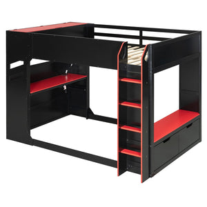 English Elm Full Size Loft Bed with Rgb Lighting Desk Drawers Hanging Rod Teen Bedroom Red LT000288AAJ-1