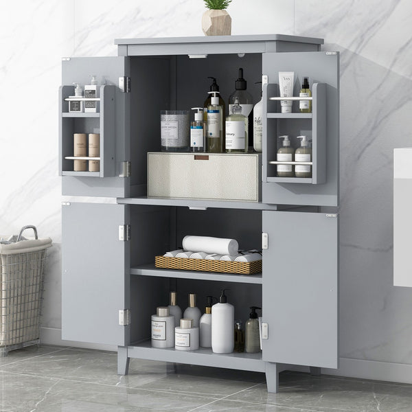 English Elm Elegant Bathroom Floor Storage Cabinet with 4 Doors, Adjustable Shelves, Anti-Tip Design, 28"L x 15"W Grey N725P188461E