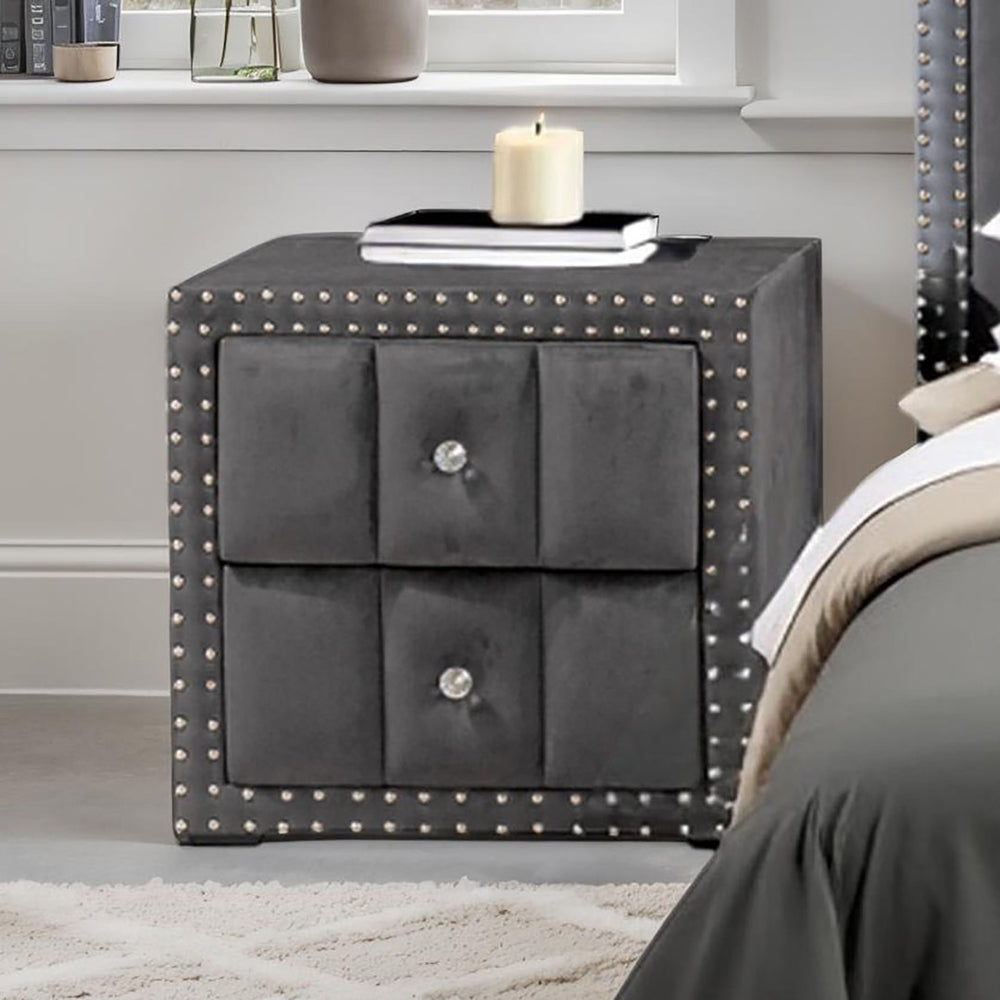 English Elm Beige Fabric Upholstered Nightstand with Channel Tufting Nailhead Trim and Crystal Knobs Dark Gray B2741P421105