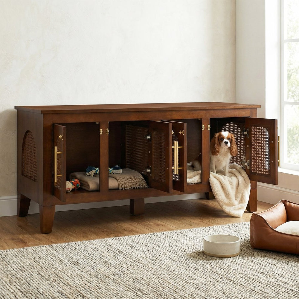 English Elm Lars Rubberwood Rattan Dog Crate Cabinet Stylish Pet Kennel for Living Room Walnut N775P397560W