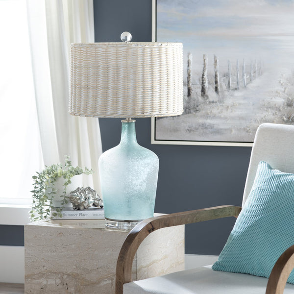 Crestview Collection 28"H Coastal Elegance Glass Table Lamp With Ombre Blue Finish, Crystal Base & Textured Shade   Cvazbs120