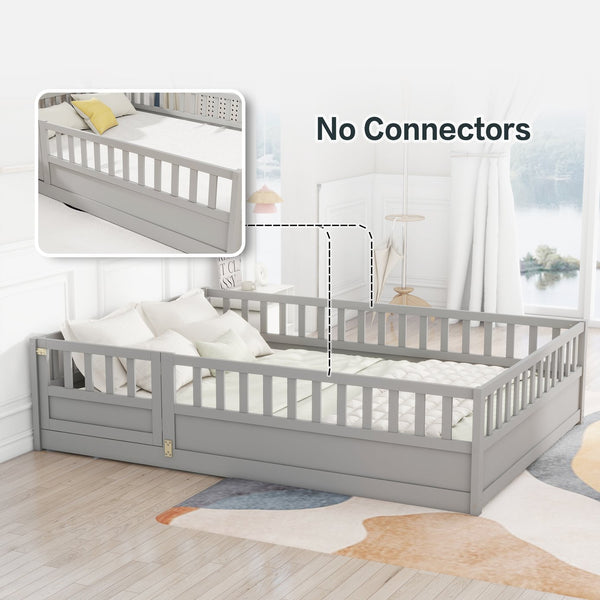 English Elm Full Montessori Floor Bed Frame With High-Security Barrier & Clockwise Door - Cozy Gray Design W1858P164944