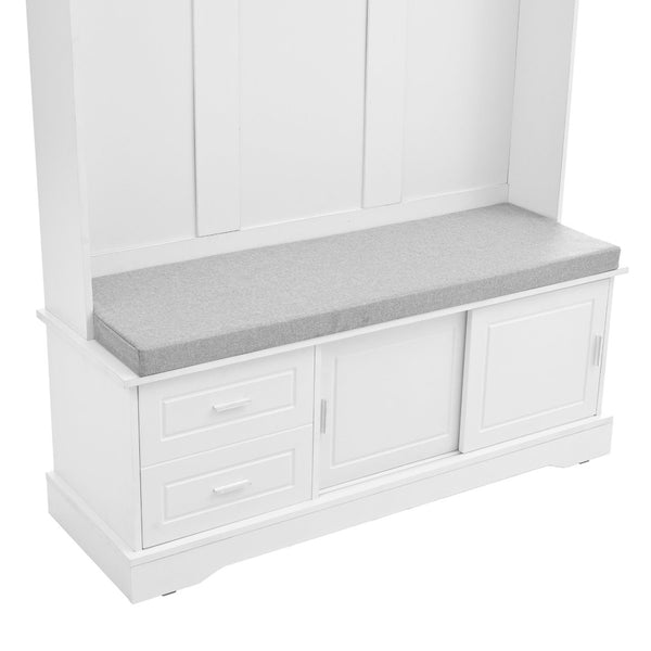 English Elm On-Trend Elegant Hall Tree With Sliding Doors, 6 Hooks, Mudroom Bench & Cushion For Organized Entryway N721P205787K-GIGA