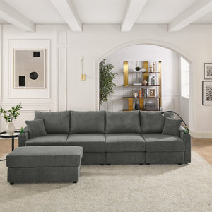 English Elm L-Shaped 4-Seat Corduroy Sofa With Ottoman & Storage, Deep Seat, Cup Holders, Modern Grey Comfort W1117S00216