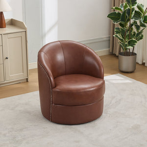 English Elm Brown Top-Grain Leather Swivel Accent Chair with 360° Silent Spin, Riveted Mid-Century Lounge, Sturdy 150kg Base W570P386950