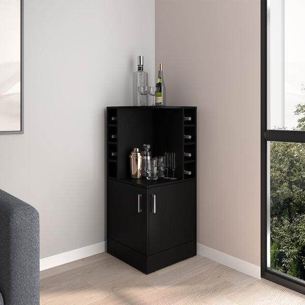 English Elm Hobart Bar Cabinet Black — Corner-Saving Engineered Wood Wine Storage with 6 Bottle Slots & Dual Doors B092P269906