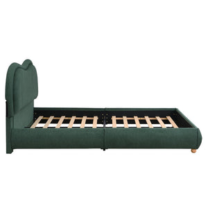 English Elm Queen Chenille Upholstered Curved Headboard Platform Bed with Oak Legs Solid Wood Slats W1716P428272