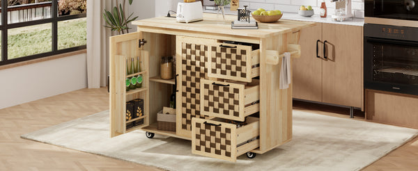 English Elm K&K Vintage Woven Checkerboard Kitchen Island 53.2" with Drop Leaf, Power Outlet, 5 Wheels, Storage N707P215328Y