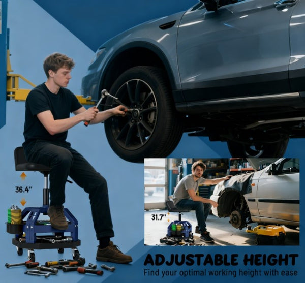 English Elm Adjustable Rolling Garage Stool with Lumbar Support Dual Storage Trays and Swivel Casters T3971P412551