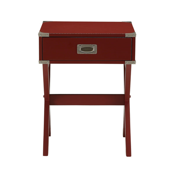 English Elm Side Table featuring Metal Corner Strapping and Flush Mount Drawer Pull for Stylish Accent Décor and Functionality Red B016P310278
