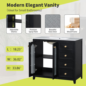 English Elm 36-inch ceramic basin vanity with patterned glass doors, gold round handles & ample storage drawers Black N729P184710B
