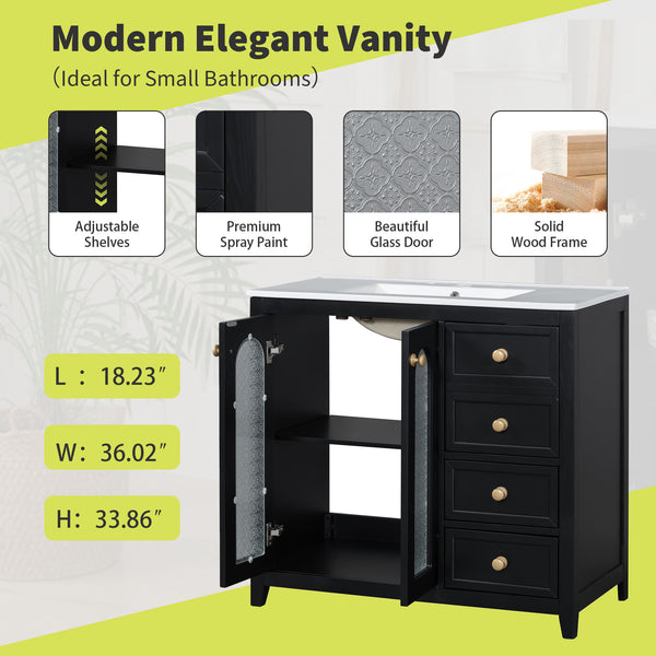 English Elm 36-inch ceramic basin vanity with patterned glass doors, gold round handles & ample storage drawers Black N729P184710B