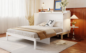 English Elm Queen Murphy Wall Bed Solid Pine Cabinet with Drawer Modern Space Saving Design White N708P243886K