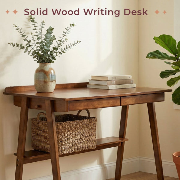 English Elm Solid Wood Writing Desk Mid Century Walnut Finish Two Drawers Shelf and Side Hooks W3204P465630