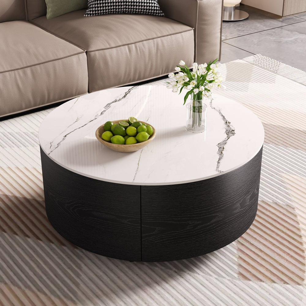 English Elm Modern Round Coffee Table with Sintered Stone Marble Top, Locking Casters, 2 Soft-Close Drawers, Space-Saving Design Black N735P328523B