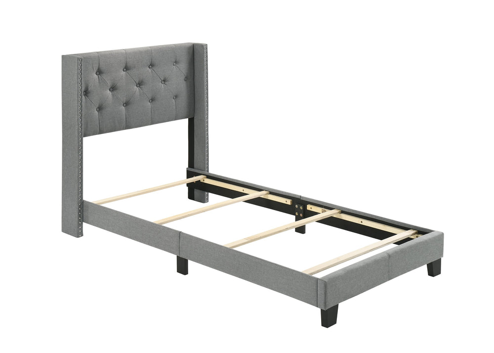 English Elm 1pc Twin Size Bed Gray Wingback Upholstered Headboard Button-Tufted Nailhead Trim French Country Style, Solid Frame B2741P347930
