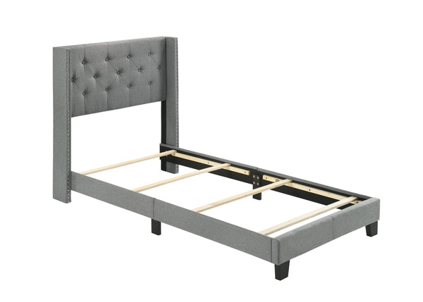 English Elm 1pc Twin Size Bed Gray Wingback Upholstered Headboard Button-Tufted Nailhead Trim French Country Style, Solid Frame B2741P347930
