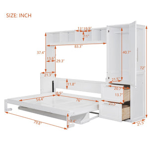 English Elm Full Size Murphy Wall Bed with Wardrobe Drawers Studio Apartment Space Saver White LP000792AAK-2