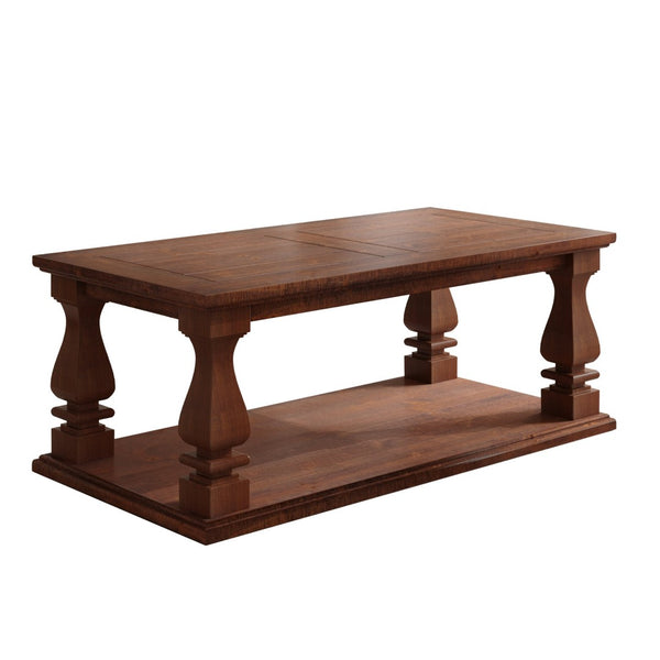English Elm Farmhouse Coffee Table Solid Planked Wood with Open Shelf Square Baluster Living Room Antique Brown,Walnut Brown W1445P362862