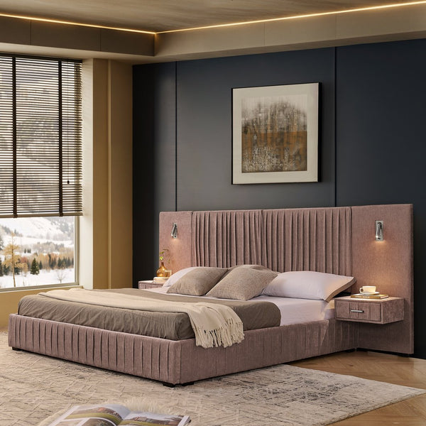 English Elm King Modern Upholstered Platform Bed with Pleated Chenille Headboard, Built‑in Nightstand & Lamp Pink W487S00391
