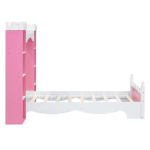 English Elm Castle-Shaped Twin Bed with Crown Footboard and Built-In Shelves, Sturdy MDF/Pine Frame for Kids Pink+White 56.69 L x 17.72 W x 5.51 H N733S177379H