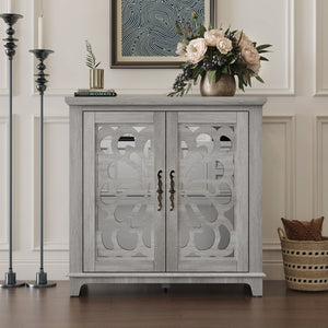 English Elm Elegant Mirrored Sideboard with Butterfly Carved Doors Wood Grain Finish Dining Storage Light Gray W2899P372740