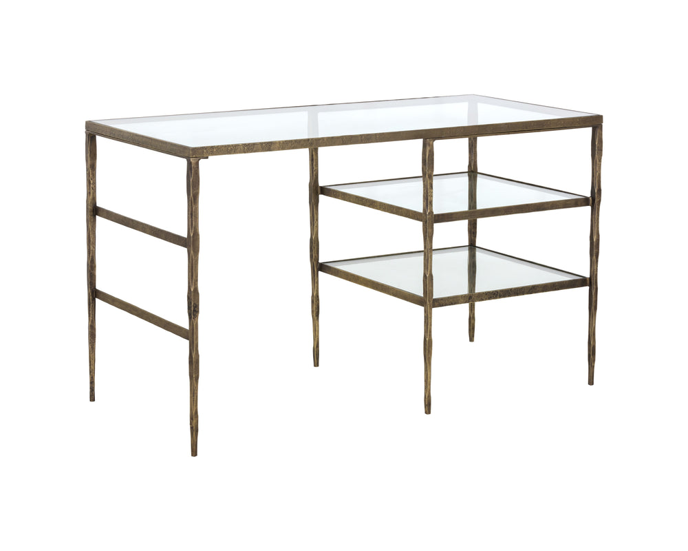 Sunpan Bruna Desk - Hand-Hammered Steel Frame with Antique Brass Finish & Clear Glass Top for Unique Style