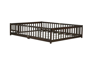 English Elm Queen Floor Bed with Safety Fence and Guardrails, Rubberwood Low Profile Platform for Kids Espresso W504P286390