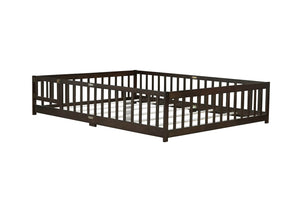 English Elm Queen Rubber Wood Floor Bed with Full Perimeter Safety Fence and Hinged Access Door Espresso W504P429342