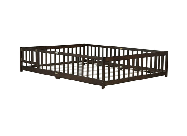English Elm Queen Rubber Wood Floor Bed with Full Perimeter Safety Fence and Hinged Access Door Espresso W504P429342
