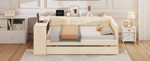 English Elm Full Size Upholstered Platform Bed With Desk, Usb Charging, Trundle & Storage Shelves In Beige Velvet N7090000604A