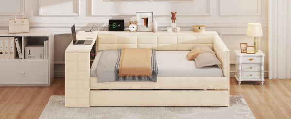 English Elm Full Size Upholstered Platform Bed With Desk, Usb Charging, Trundle & Storage Shelves In Beige Velvet N7090000604A