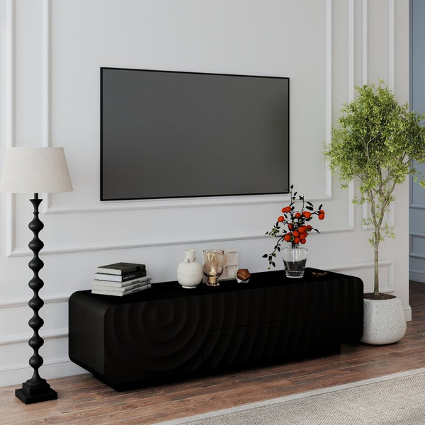English Elm 58''tv Console Sculpted Spiral Wave Relief Walnut Mid-century Media Stand with Storage Black W2263P412355