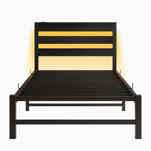 English Elm Twin LED Platform Bed Frame with Headboard, USB Charging, RGB Lights, Under-Bed Storage, Noise-Free Black W840P209905