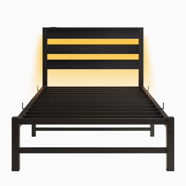 English Elm Twin LED Platform Bed Frame with Headboard, USB Charging, RGB Lights, Under-Bed Storage, Noise-Free Black W840P209905