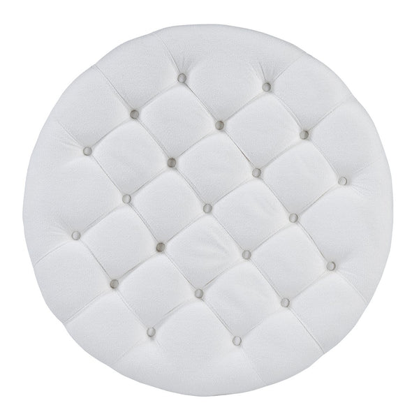 English Elm Modern Round Oversized Ottoman Coffee Table with Button Tufting, Waterproof Linen, Wheels & Lower Wood Shelf for Storage and Seating Ivory White N735P180224K