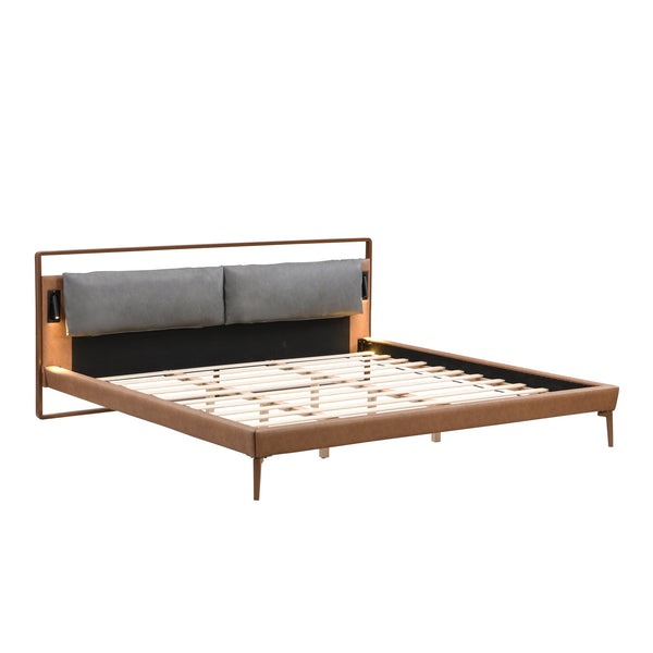 English Elm Christopher Knight Home® - Brown&Gray Leather King Bed With Adjustable Led Night Lights & Sturdy Support – Modern Elegance N758D536162D