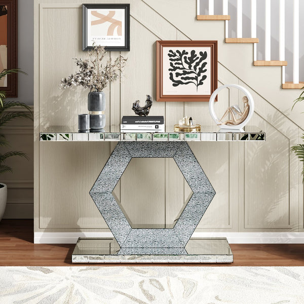 English Elm Sparkling Crystal Hexagon Mirror Console Table — Premium Modern Entryway Dual-Tier Foyer Decor with Diamond Glass Effects, 60.8"L x 18.11"W x 11.81"H W1445P299161