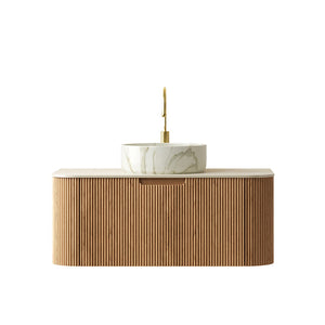 English Elm Dina Floating Bathroom Vanity Sintered Stone Top Glass Basin Striped Plywood Cabinet W2615S00509