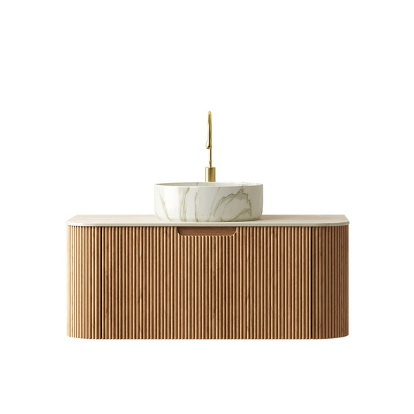 English Elm Dina Floating Bathroom Vanity Sintered Stone Top Glass Basin Striped Plywood Cabinet W2615S00509